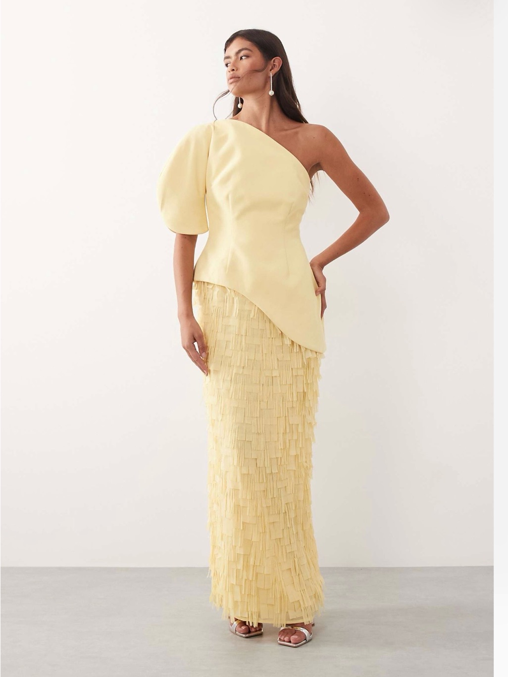Arrange Sculptural One-Shoulder Textured Hybrid Maxi Dress In Buttermilk